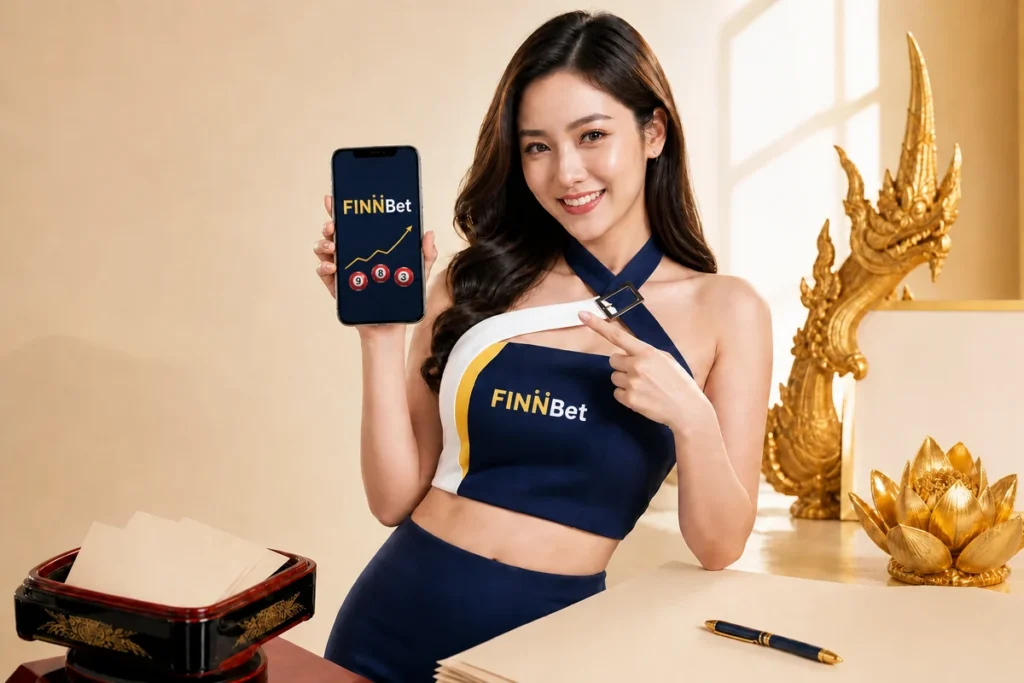 นางแบบไทยถือโทรศัพท์แสดงข้อมูลหวยหุ้นบน FINNBet