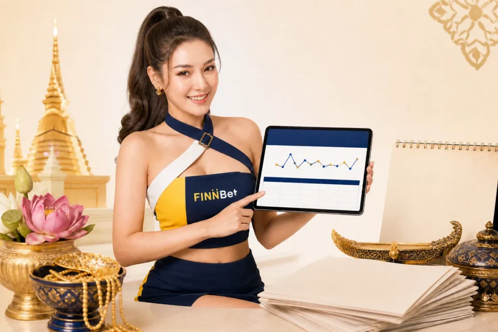 หญิงไทยถือแท็บเล็ตแสดงกราฟสถิติเกี่ยวกับสถิติหวยลาวย้อนหลัง
