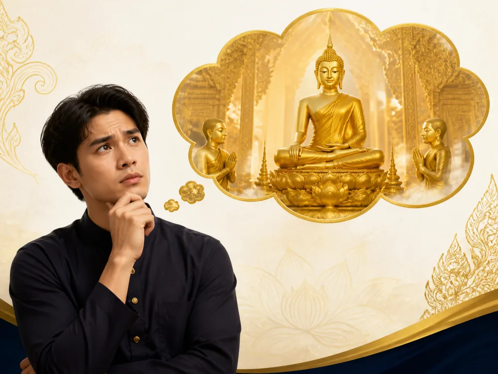 หญิงไทยกำลังคิดคำตอบสำหรับคำถามที่พบบ่อยเกี่ยวกับทำนายฝันเห็นพระ